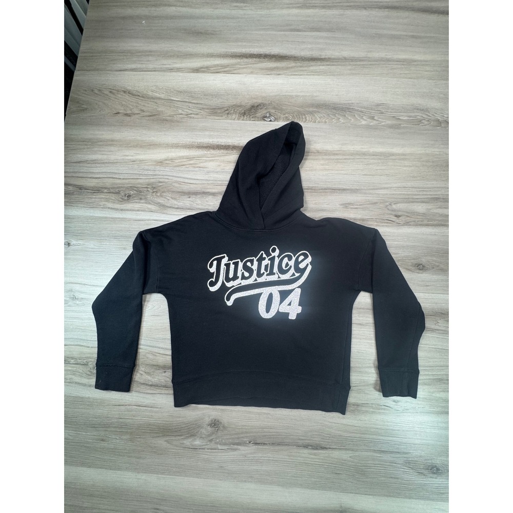 Justice Girls Black Hoodie Pullover Glitter Graphic Logo Size M 10